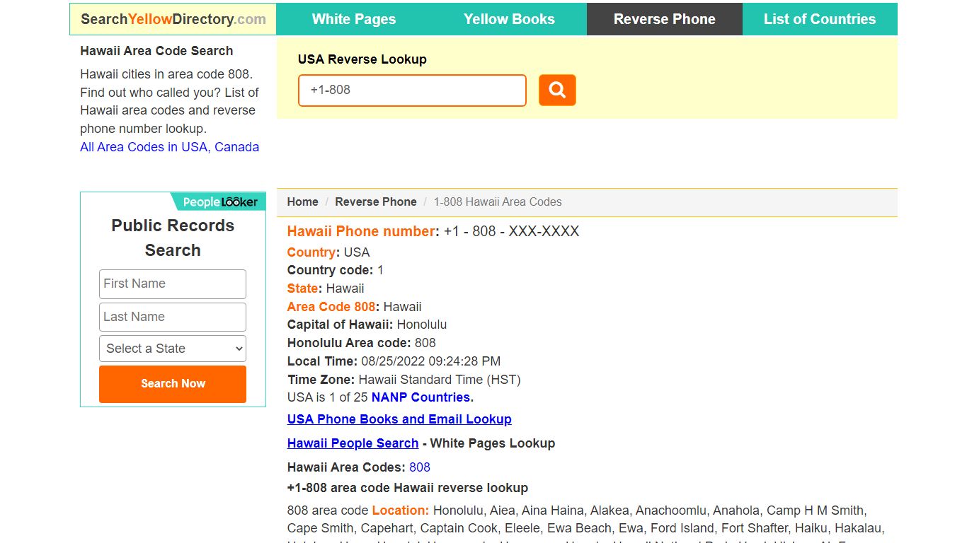 Hawaii Area Code 808 Reverse Phone Number Lookup